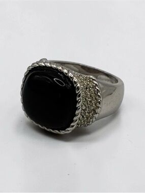 Lia Sophia Silver-Tone Black Cabochon Statement Ring Size 9.5